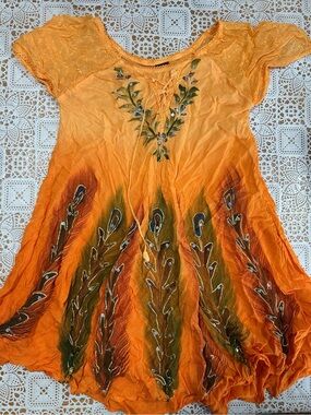 Jackpot Boho Orange Hand Painted Sequin Rayon Tunic Dress India